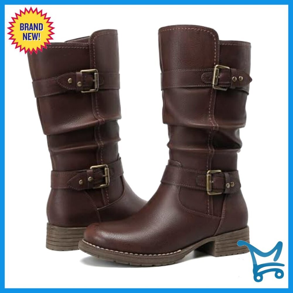 Women's Mid Calf Boots Chunky Low Heel Zipper Comfort Booties Dress Boot - Picture 5 of 7